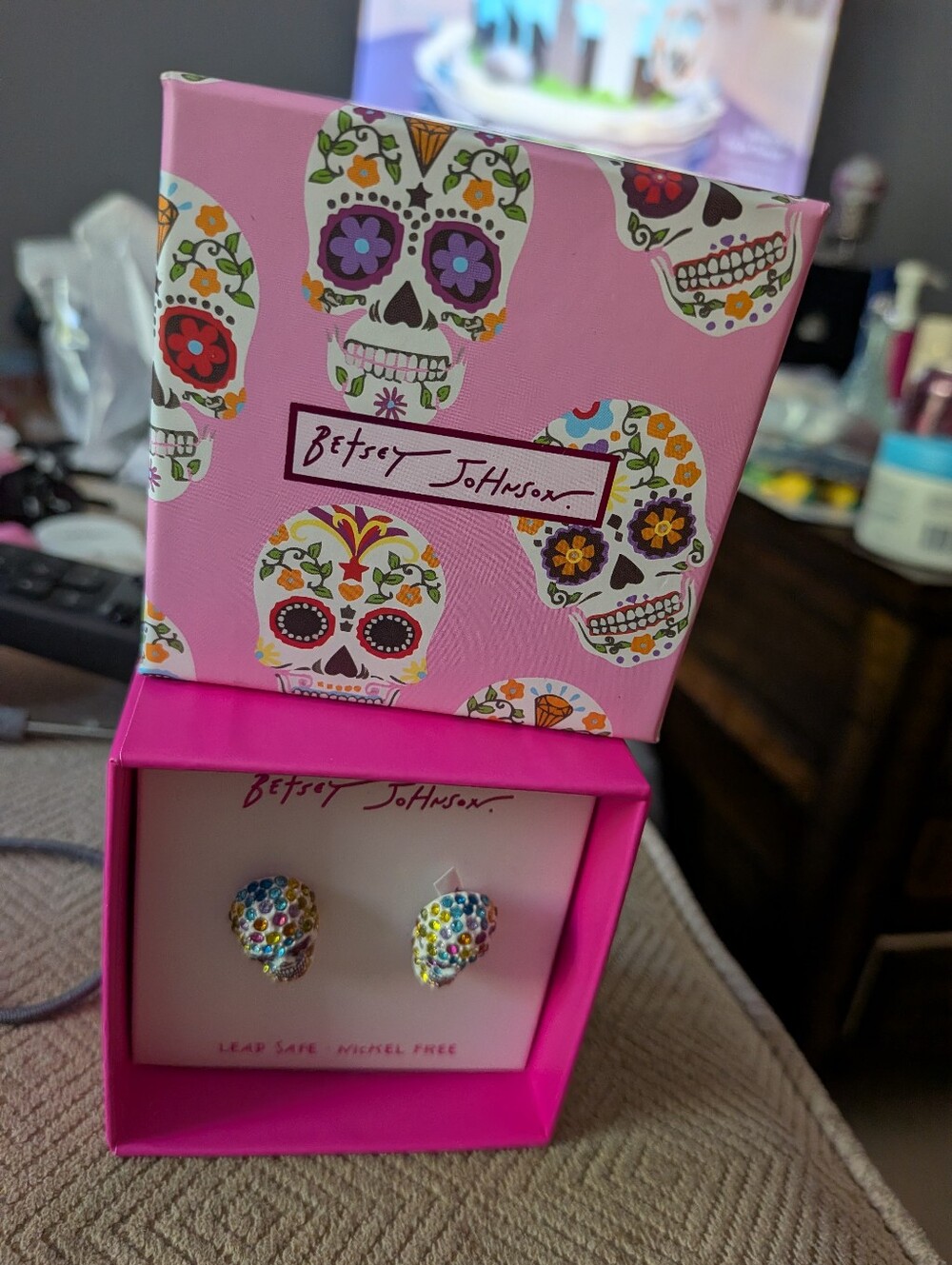 Betsey Johnson White Skull Stud Earrings with Multicolor Crystals - Picture 5 of 5
